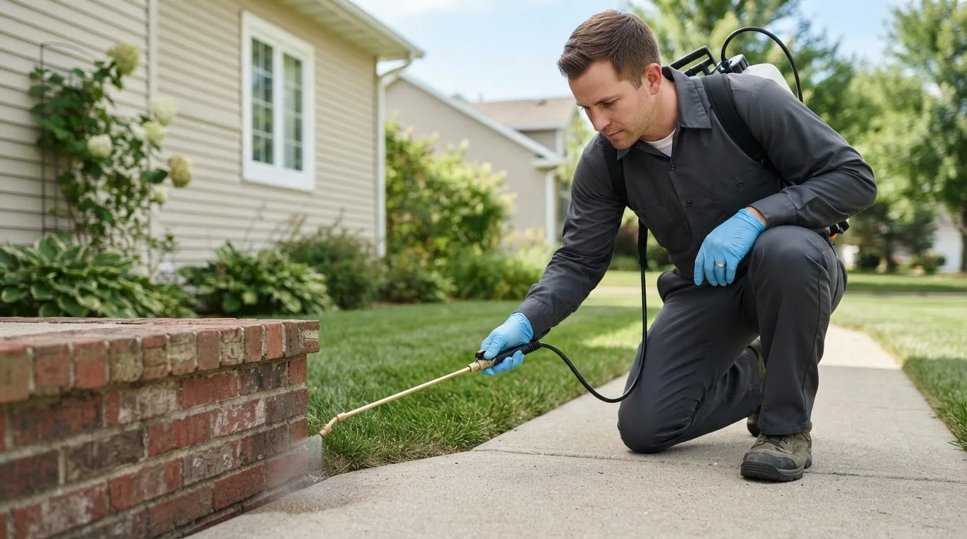 Pest control technician treating a home near Burr Hill, VA